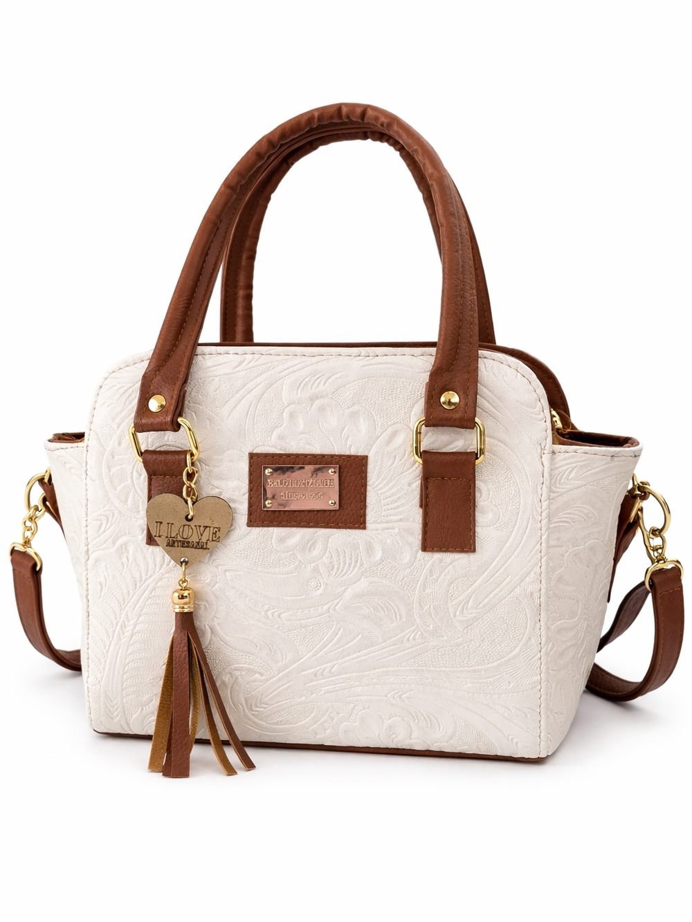 Love Cream & Brown Textured Satchel with Tassel Charm